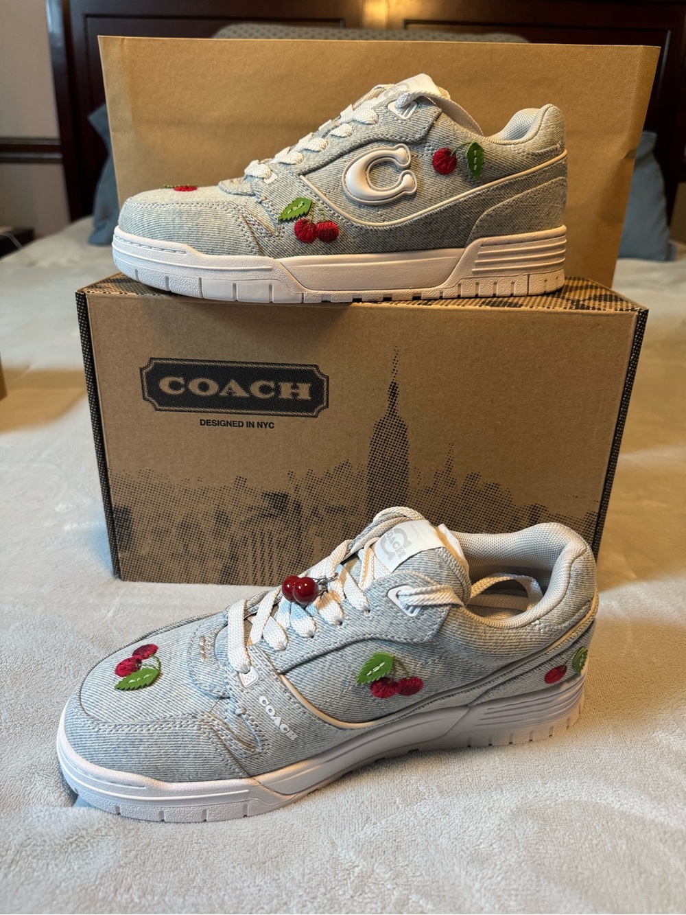 Coach Light Blue Denim Sneakers with Red Cherry Embroidery